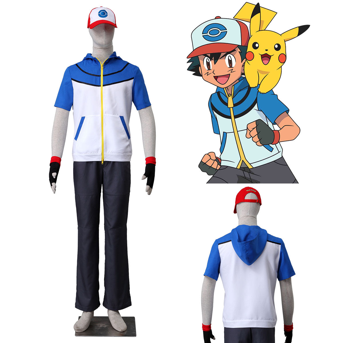 Anime Pokemon Trainer Ash Ketchum Hoodie Short Sleeve Costume Kit with Hat and Gloves