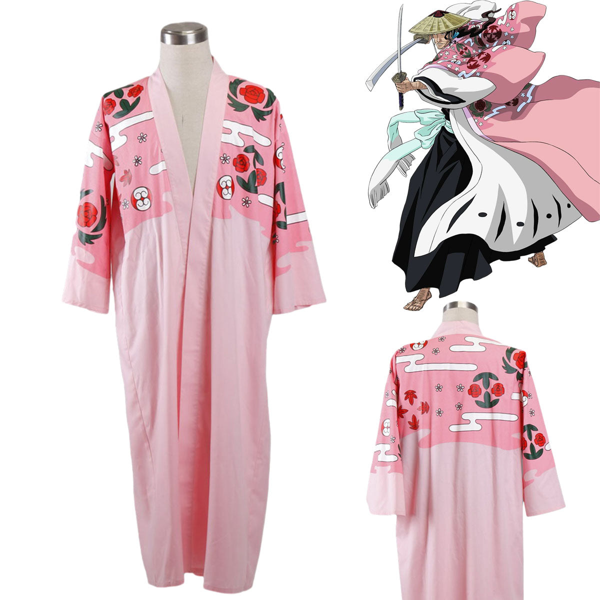 Anime Bleach 8th Division Captain Kyoraku Shunsui Costume Pink Kimono Cloak