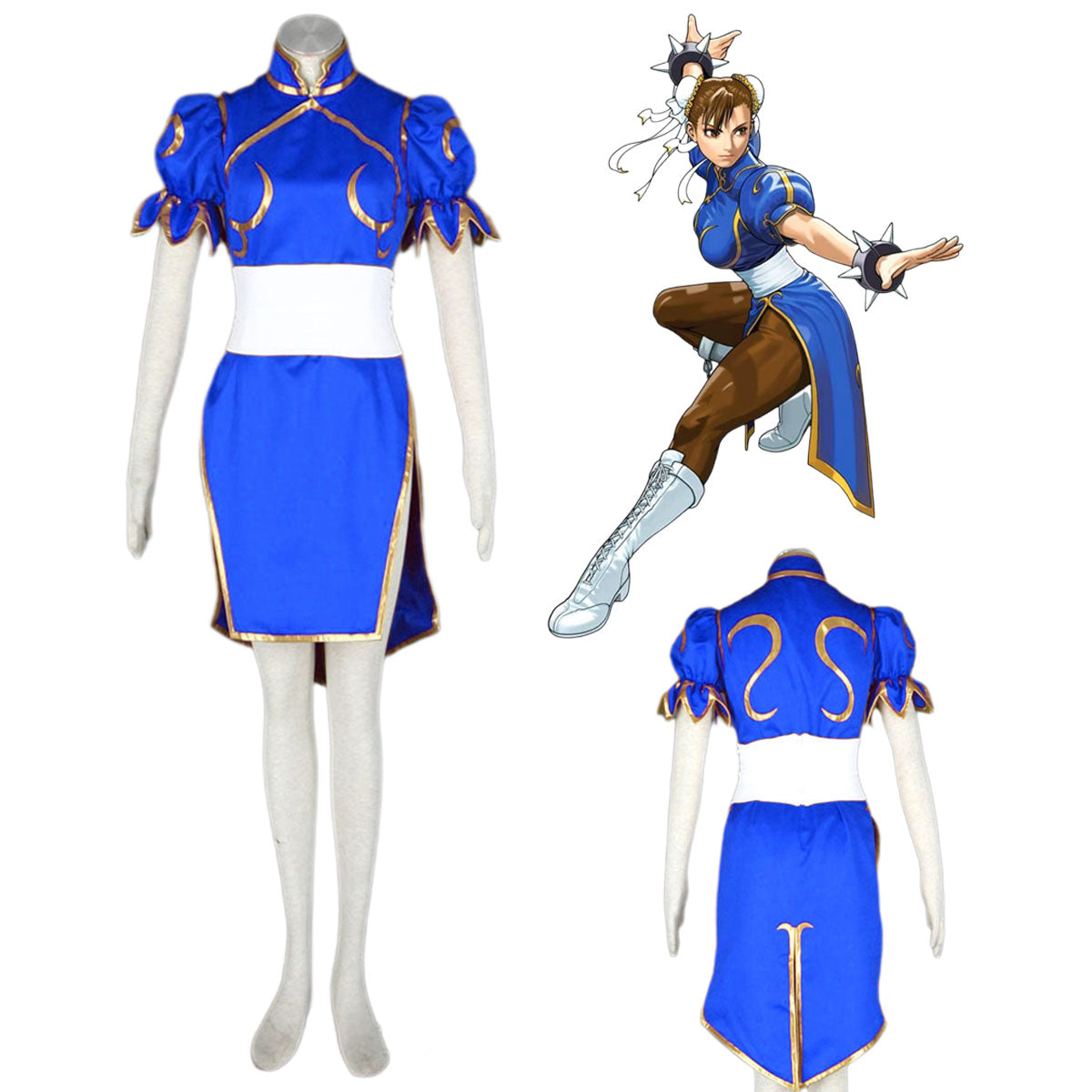 Game Street Fighter Costume Chunli Blue Cosplay Dress Kit with Belt and Headdress