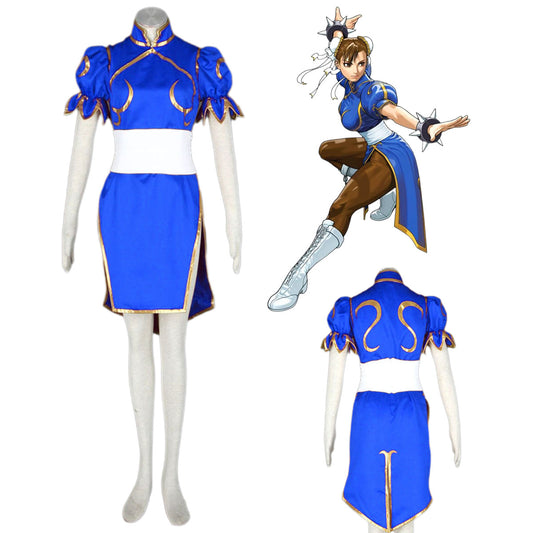 Game Street Fighter Costume Chunli Blue Cosplay Dress Kit with Belt and Headdress