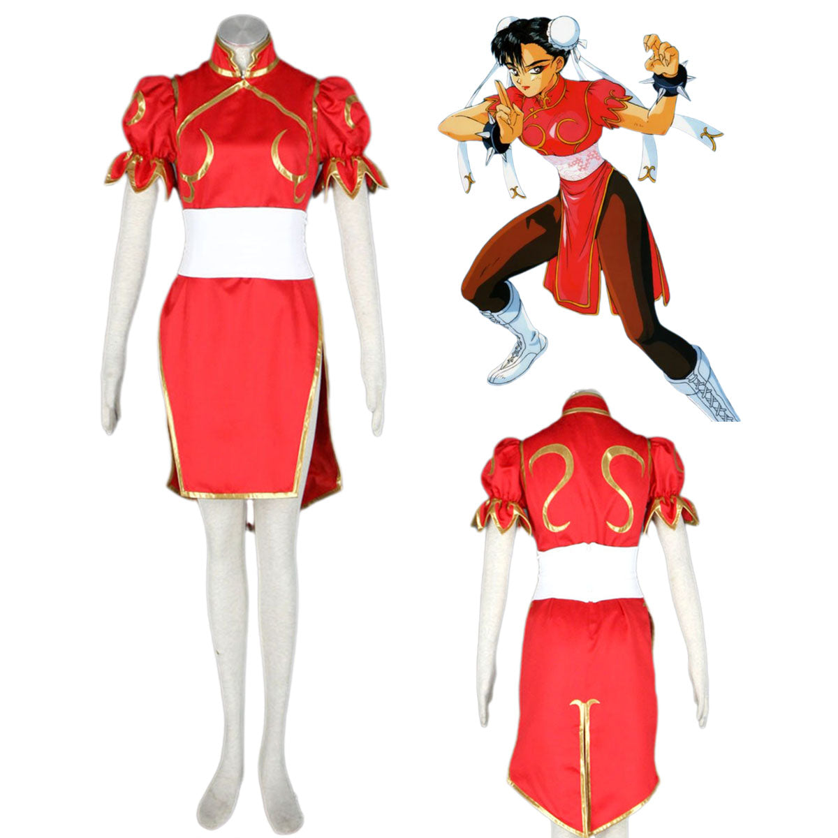 Game Street Fighter Costume Chunli Red Cosplay Dress Kit with Belt and Headdress