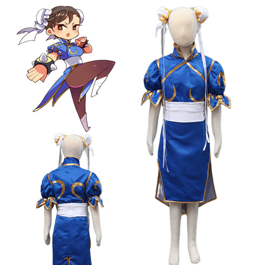 Game Street Fighter Costume Chunli Blue Cosplay Dress Kit with Headdress and Belt