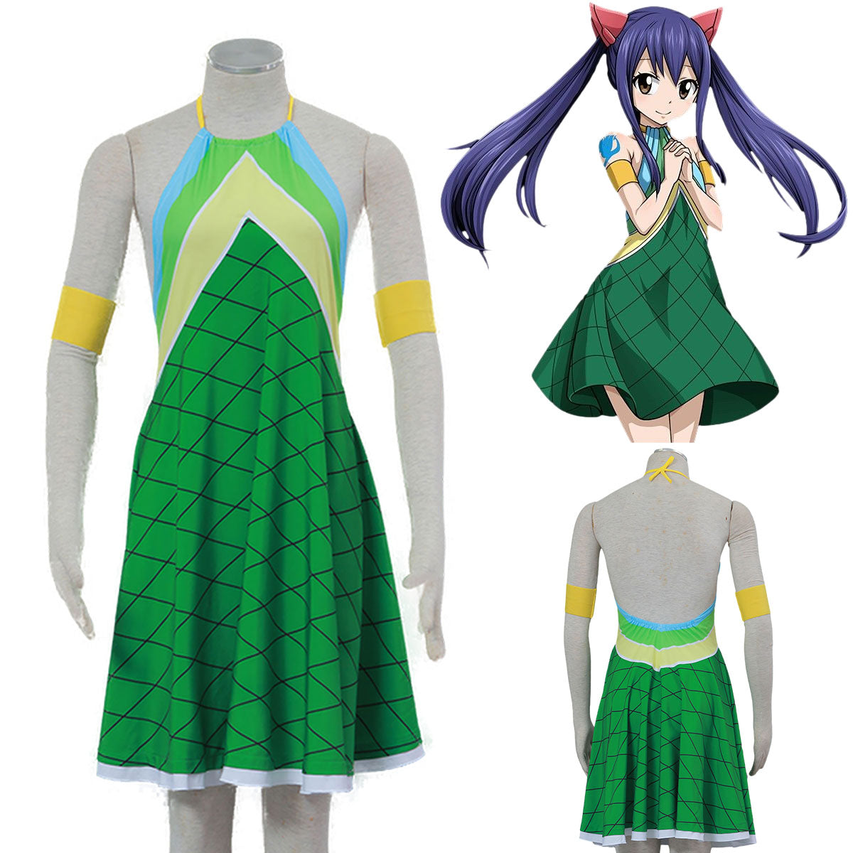 Fairy Tail Costume Wendy Marvell Cosplay Green Dress with Arm Bracers