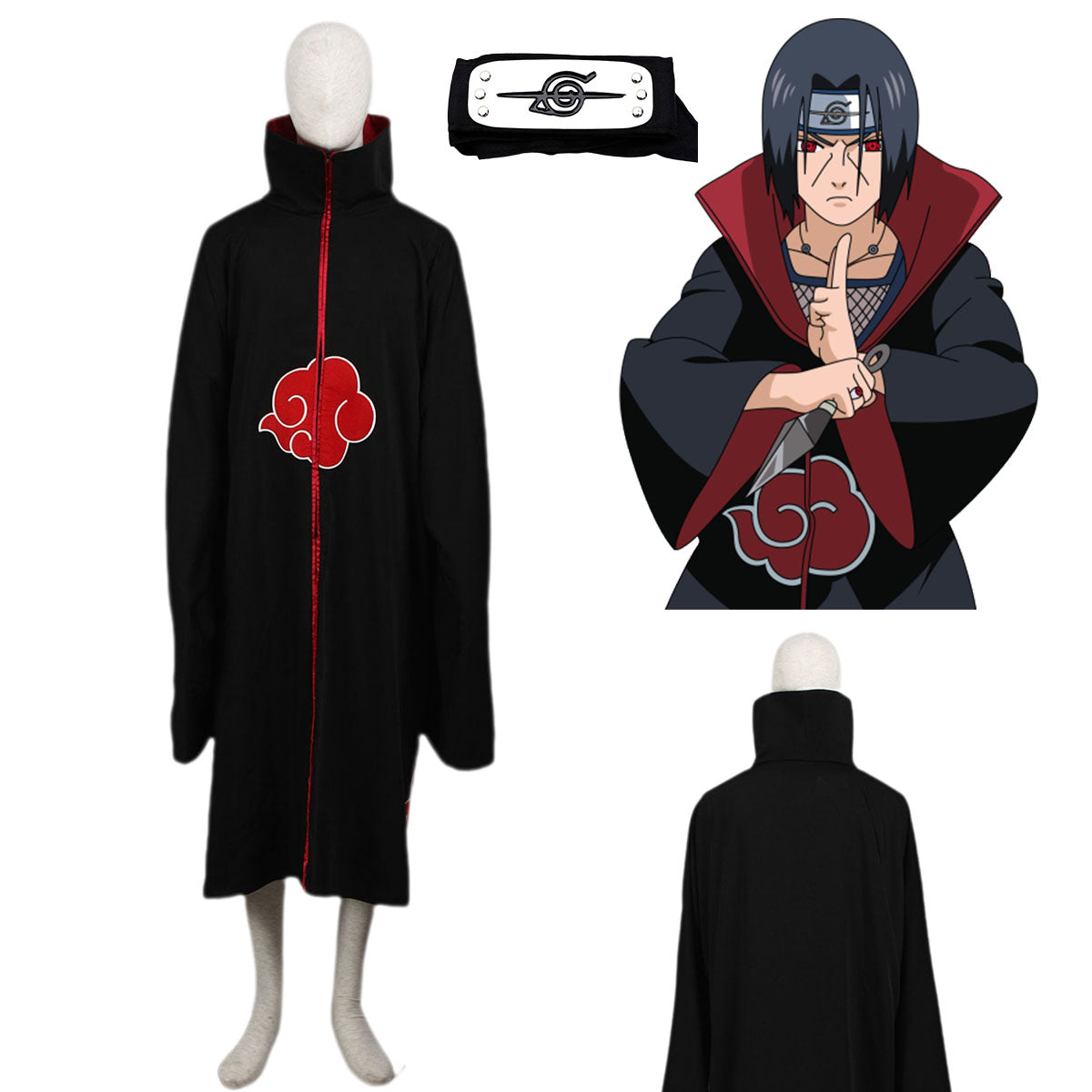 Naruto Shippuden Akatsuki Uchiha Itachi Cosplay Costume Cloak with Headband