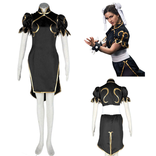 Game Street Fighter Costume Chunli Black Cosplay Dress Kit with Belt and Headdress