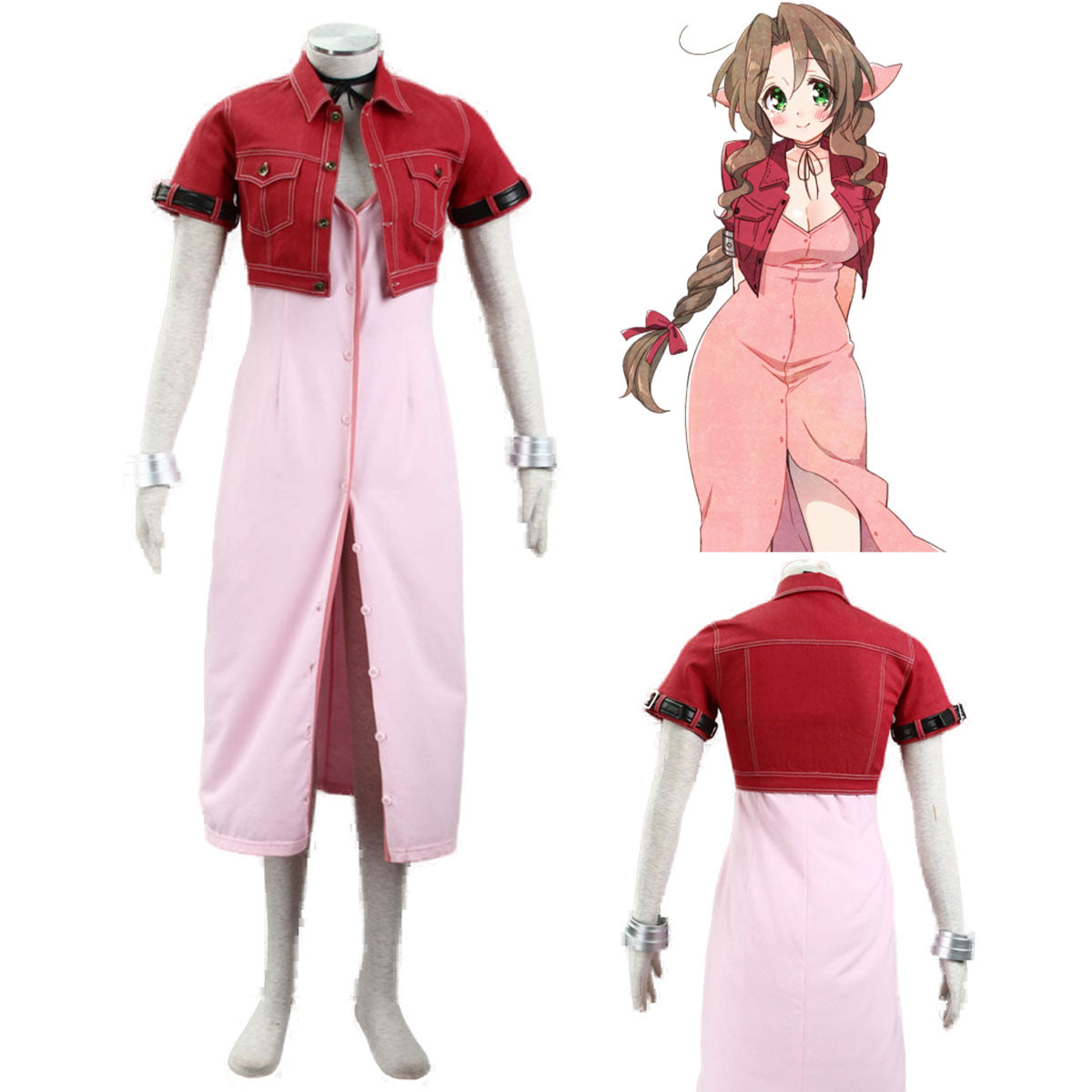 Final Fantasy 7 Costume Aerith Gainsborough Cosplay Kit with Accessories