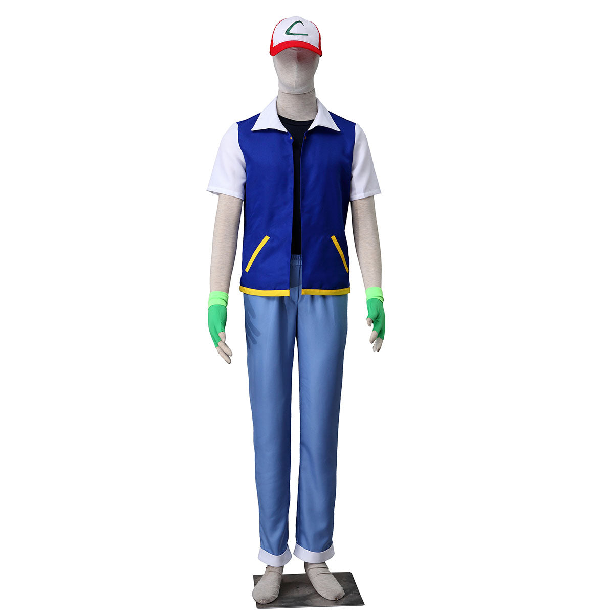 Anime Pokemon Trainer Ash Ketchum Short Sleeve Costume Kit with Hat and Gloves