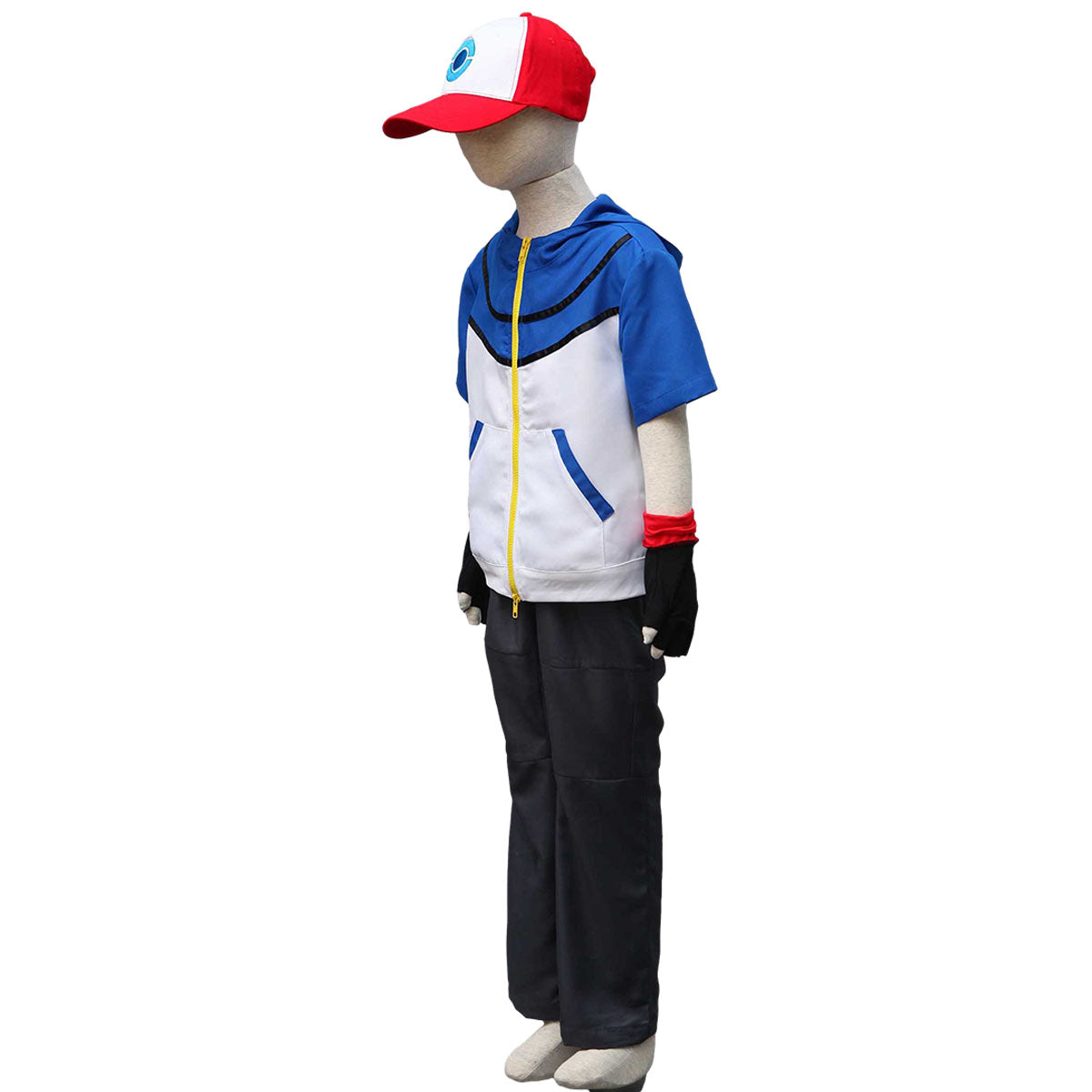 Pokemon Costume Trainer Ash Ketchum Hoodie Short Sleeve Cosplay Kit with Hat and Gloves