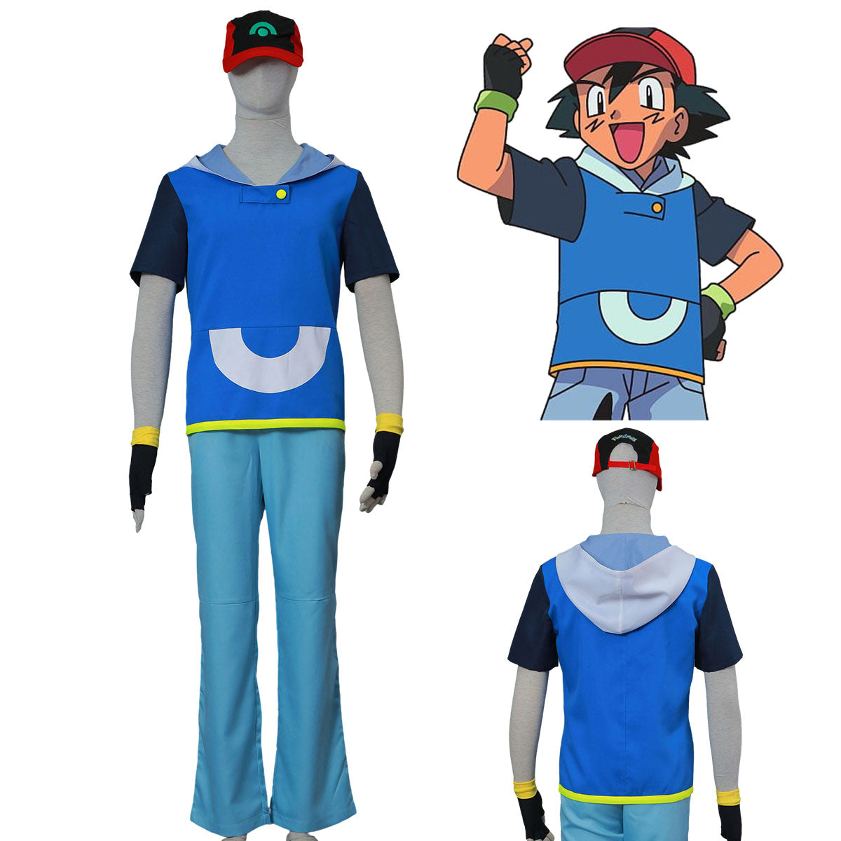 Anime Pokemon Trainer Ash Ketchum Hoodie Costume Kit with Hat and Gloves