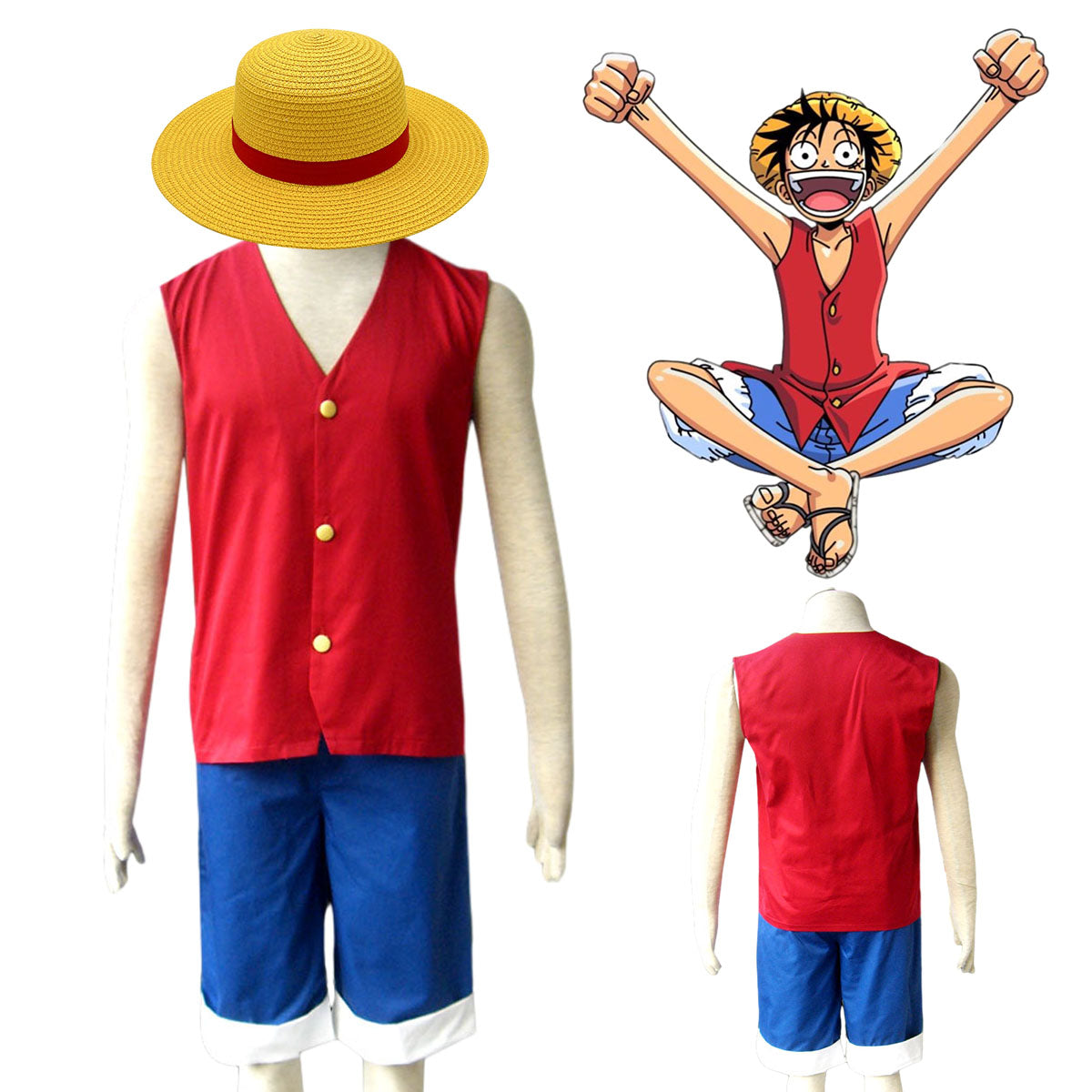 Anime One Piece Luffy Sleeveless Cosplay Costume Kit with Hat