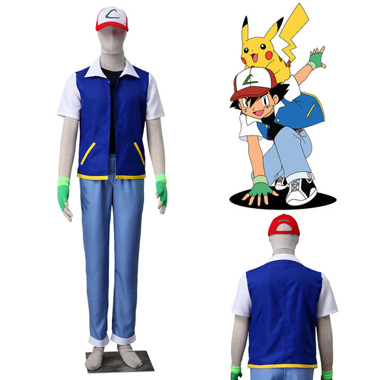 Anime Pokemon Trainer Ash Ketchum Short Sleeve Costume Kit with Hat and Gloves