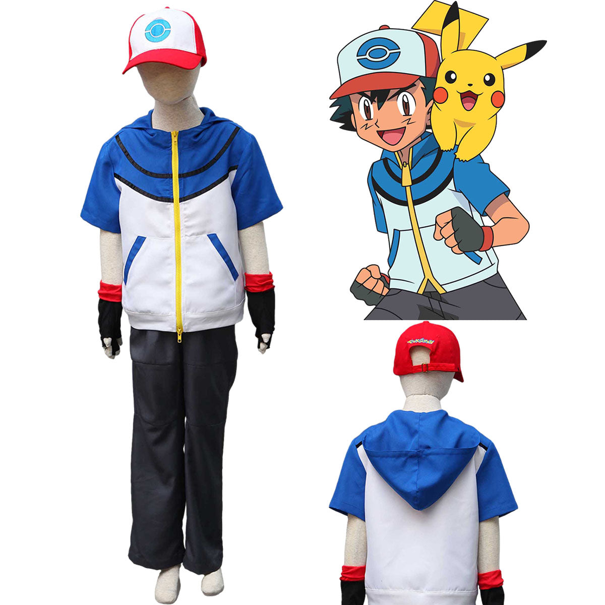 Pokemon Costume Trainer Ash Ketchum Hoodie Short Sleeve Cosplay Kit with Hat and Gloves