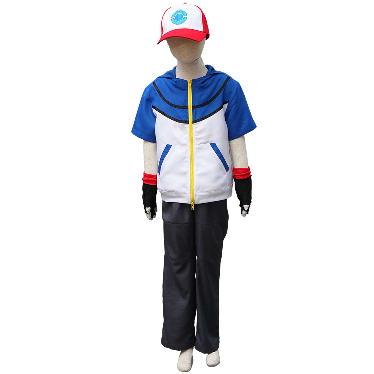 Anime Pokemon Trainer Ash Ketchum Hoodie Short Sleeve Costume Kit with Hat and Gloves