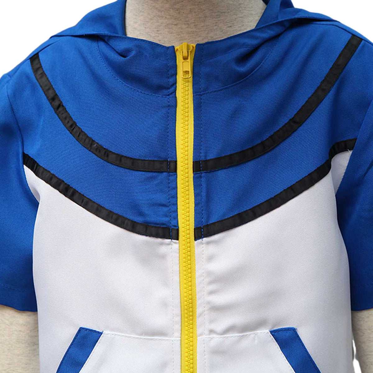 Pokemon Costume Trainer Ash Ketchum Hoodie Short Sleeve Cosplay Kit with Hat and Gloves