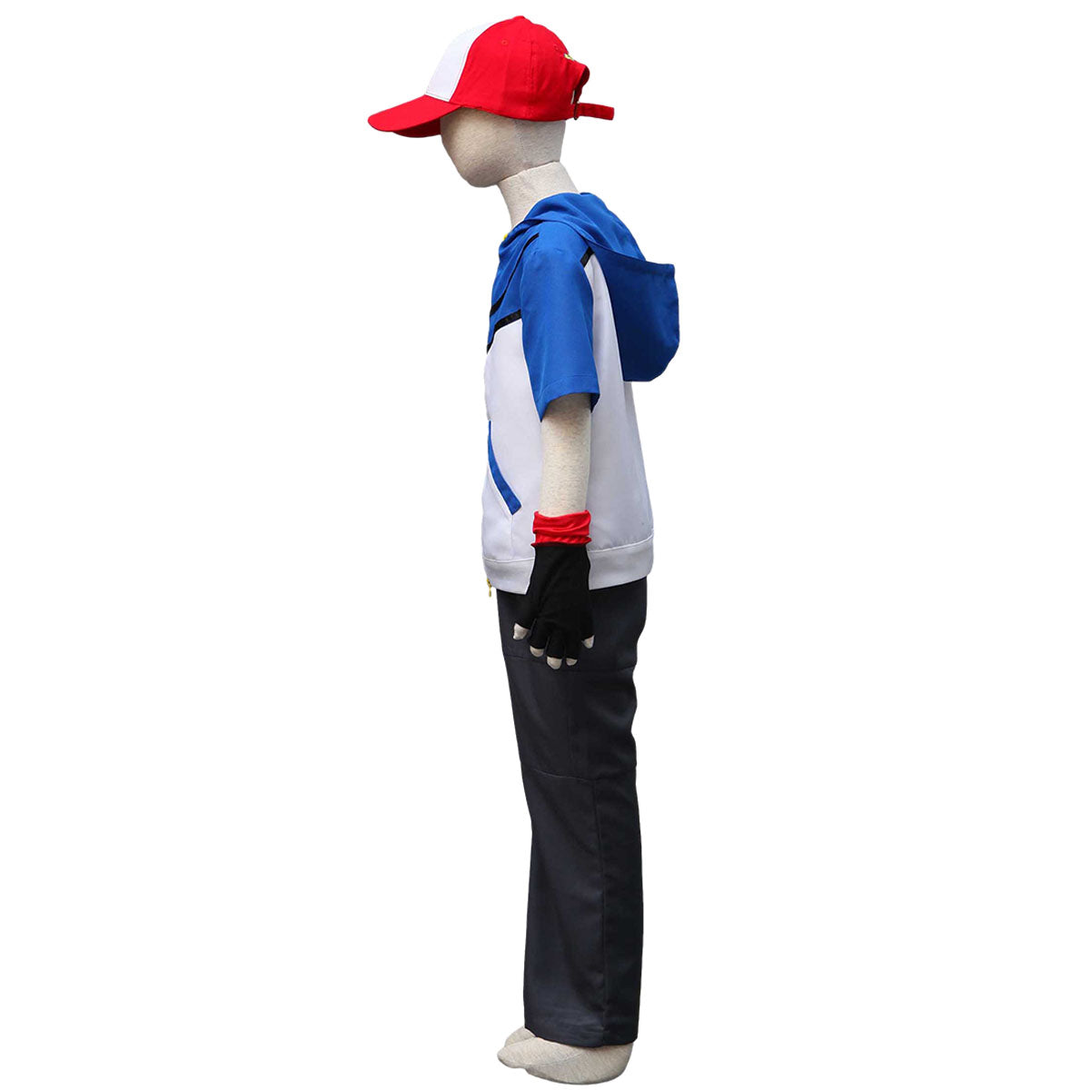 Pokemon Costume Trainer Ash Ketchum Hoodie Short Sleeve Cosplay Kit with Hat and Gloves