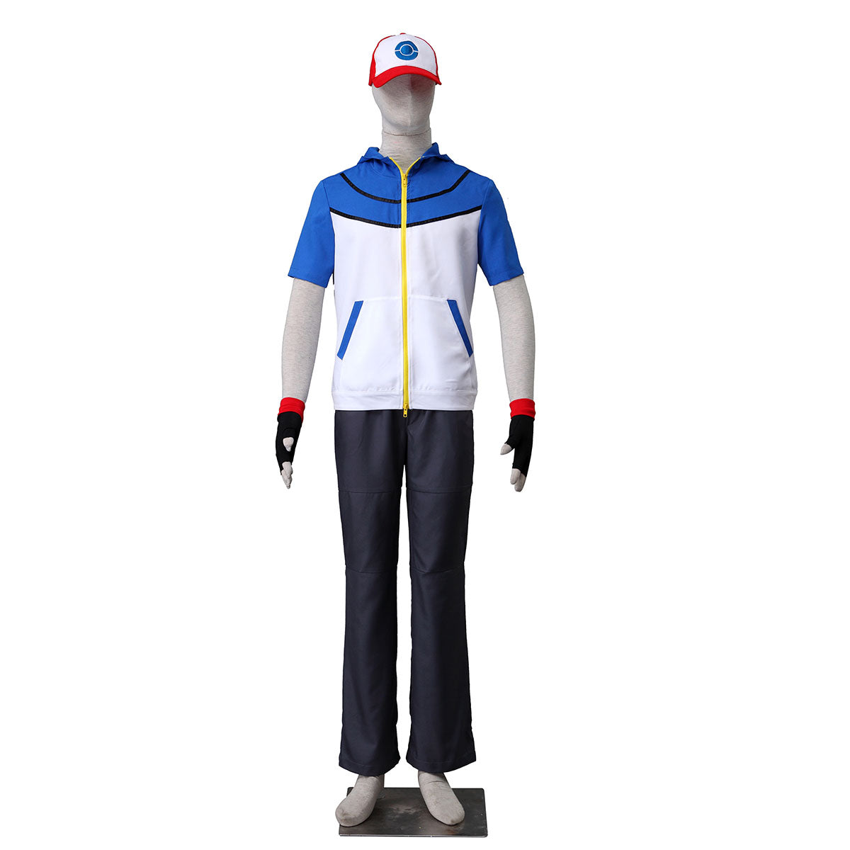 Anime Pokemon Trainer Ash Ketchum Hoodie Short Sleeve Costume Kit with Hat and Gloves