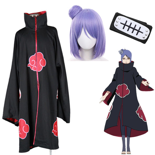 Naruto Shippuden Costume Akatsuki Konan Cosplay Embroidered Cloak with Wig