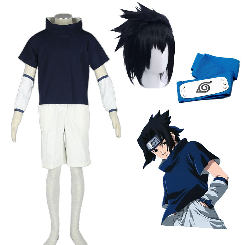 Anime Naruto Shippuden Cosplay Childhood Uchiha Sasuke Costume Outfit Kit with Wig