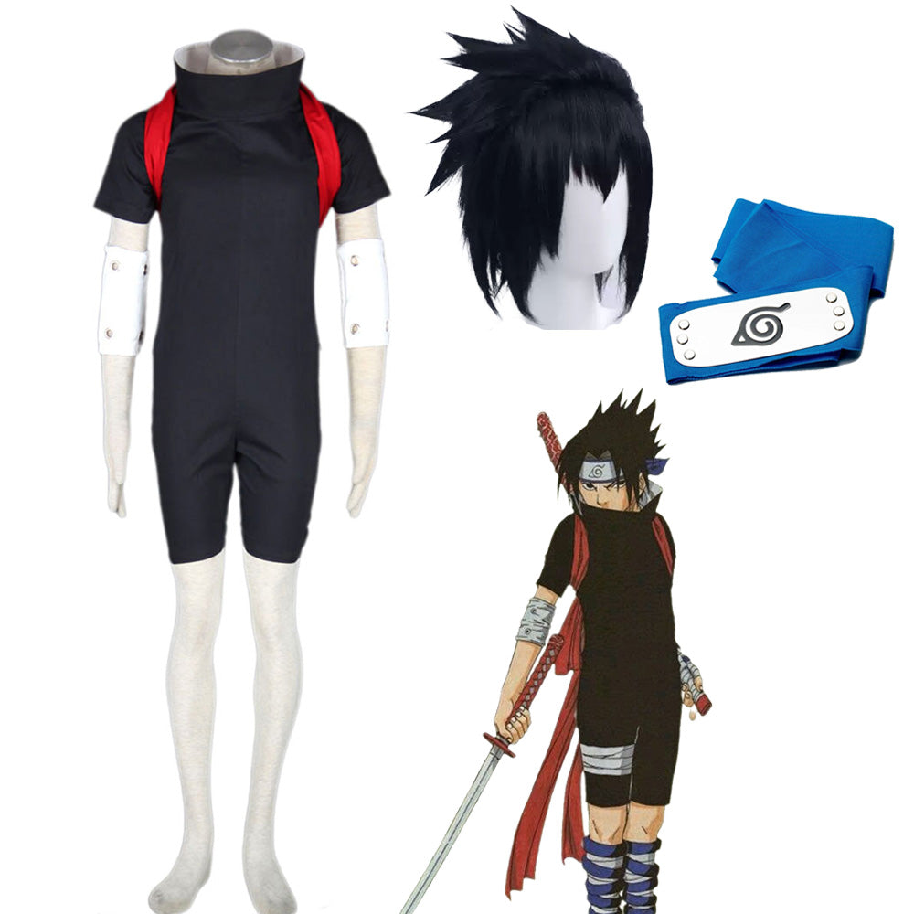 Naruto Shippuden Uchiha Sasuke Taking Ninja Exam Costume Outfit Kit with Wig