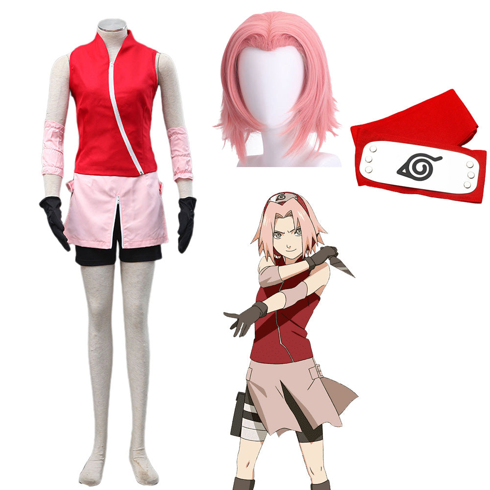 Anime Naruto Shippuden Cosplay Sakura Costume Outfit Kit with Wig