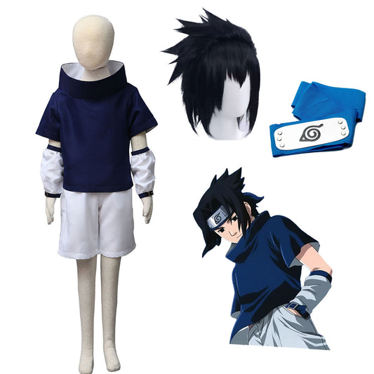 Naruto Shippuden Uchiha Sasuke Childhood Costume Outfit Kit with Wig